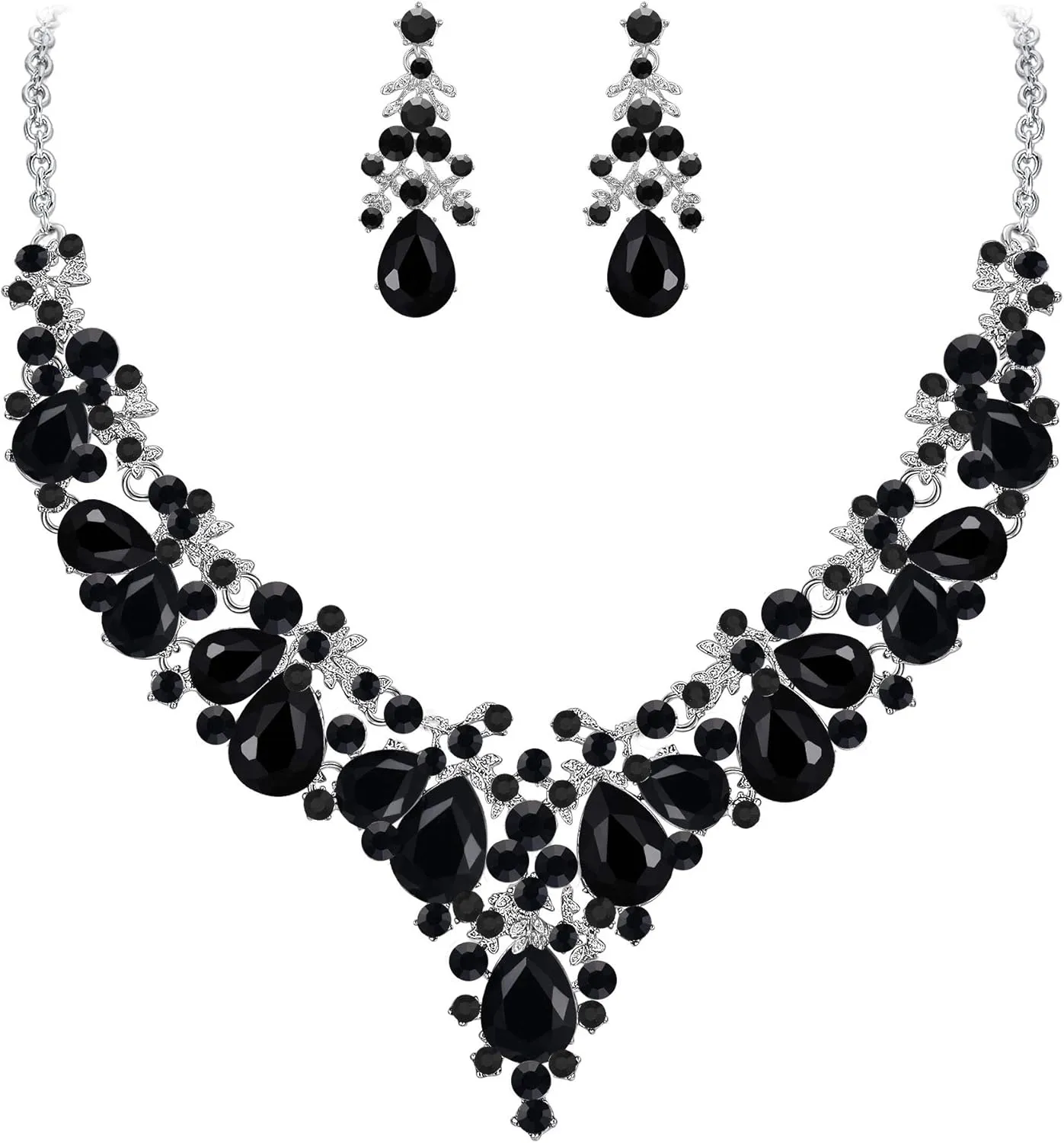 EVER FAITH Women's Crystal Elegant Bridal Floral Cluster Teardrop Statement Necklace Earrings Set