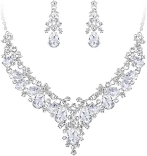 EVER FAITH Women's Crystal Elegant Bridal Floral Cluster Teardrop Statement Necklace Earrings Set