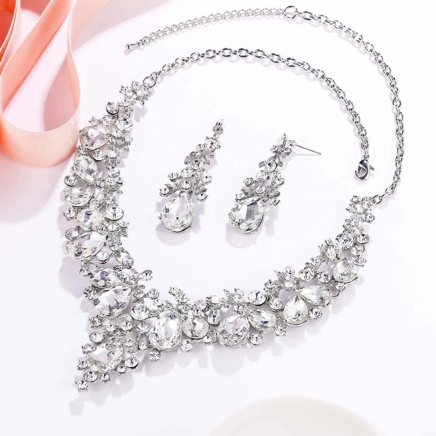 EVER FAITH Women's Crystal Elegant Bridal Floral Cluster Teardrop Statement Necklace Earrings Set