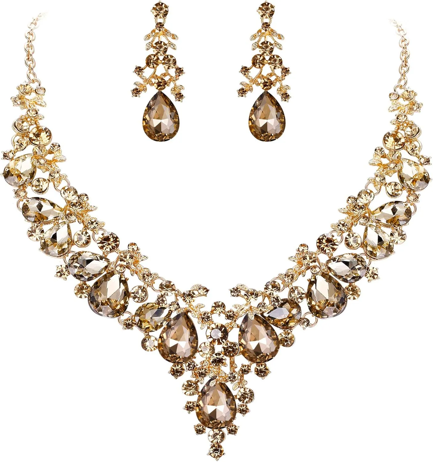 EVER FAITH Women's Crystal Elegant Bridal Floral Cluster Teardrop Statement Necklace Earrings Set