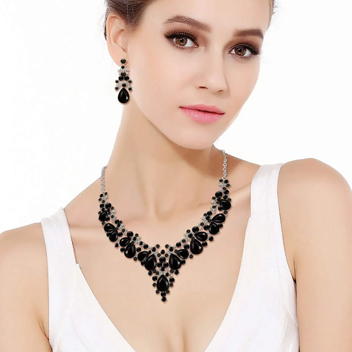 EVER FAITH Women's Crystal Elegant Bridal Floral Cluster Teardrop Statement Necklace Earrings Set