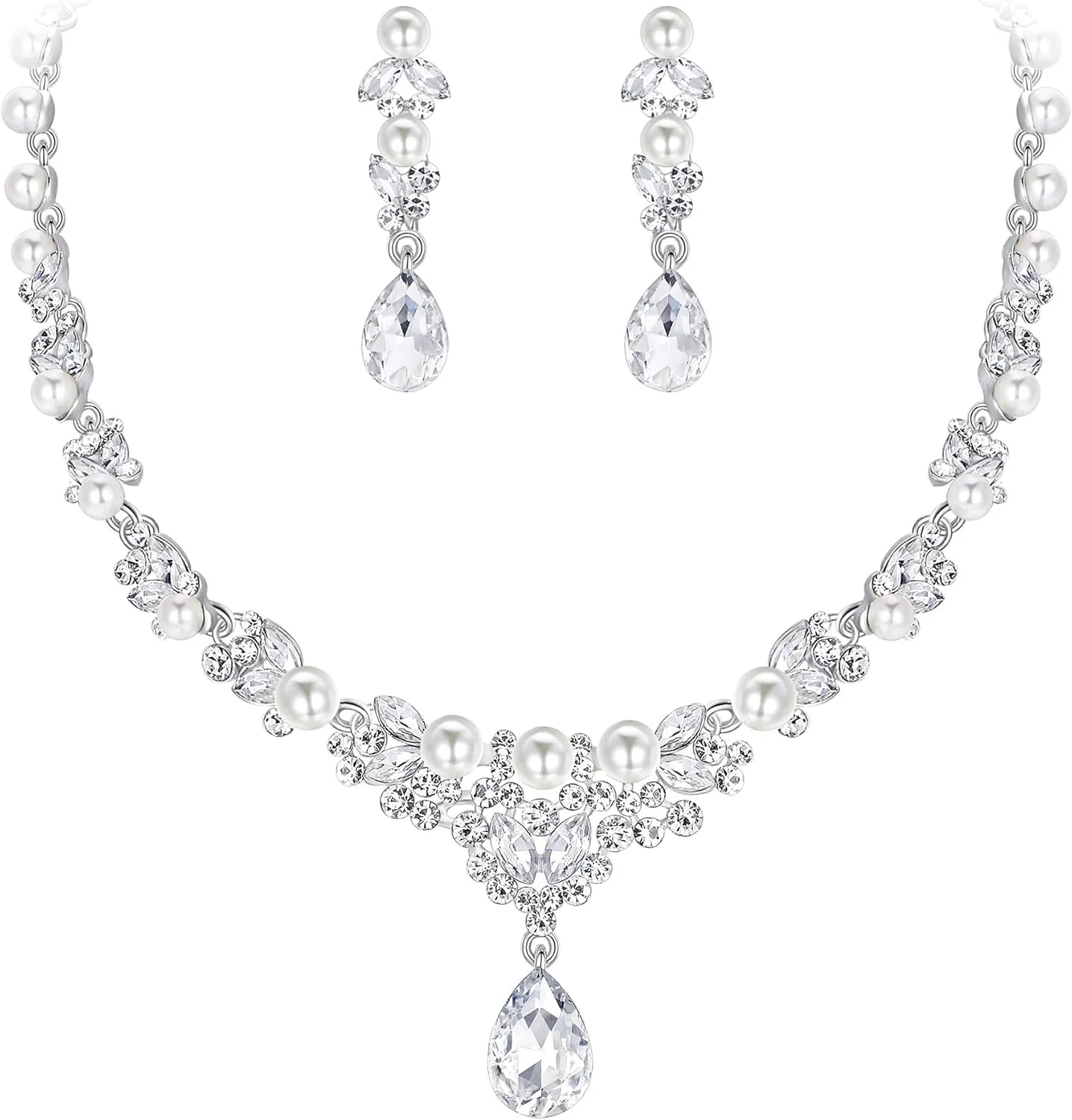 EVER FAITH Women's Crystal Simulated Pearl Elegant Bridal Banquet Waterdrop Necklace Earrings Set
