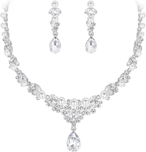 EVER FAITH Women's Crystal Simulated Pearl Elegant Bridal Banquet Waterdrop Necklace Earrings Set