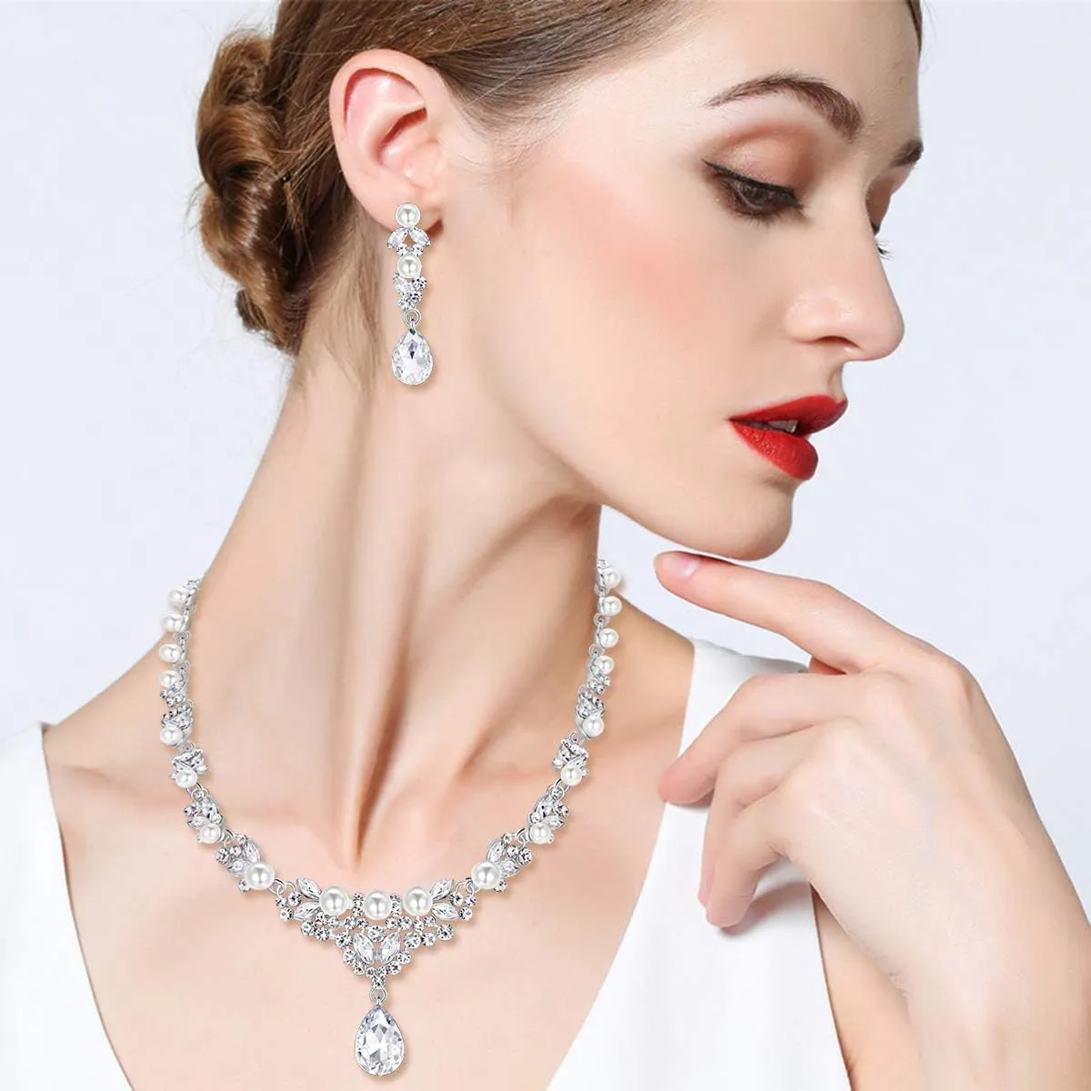 EVER FAITH Women's Crystal Simulated Pearl Elegant Bridal Banquet Waterdrop Necklace Earrings Set