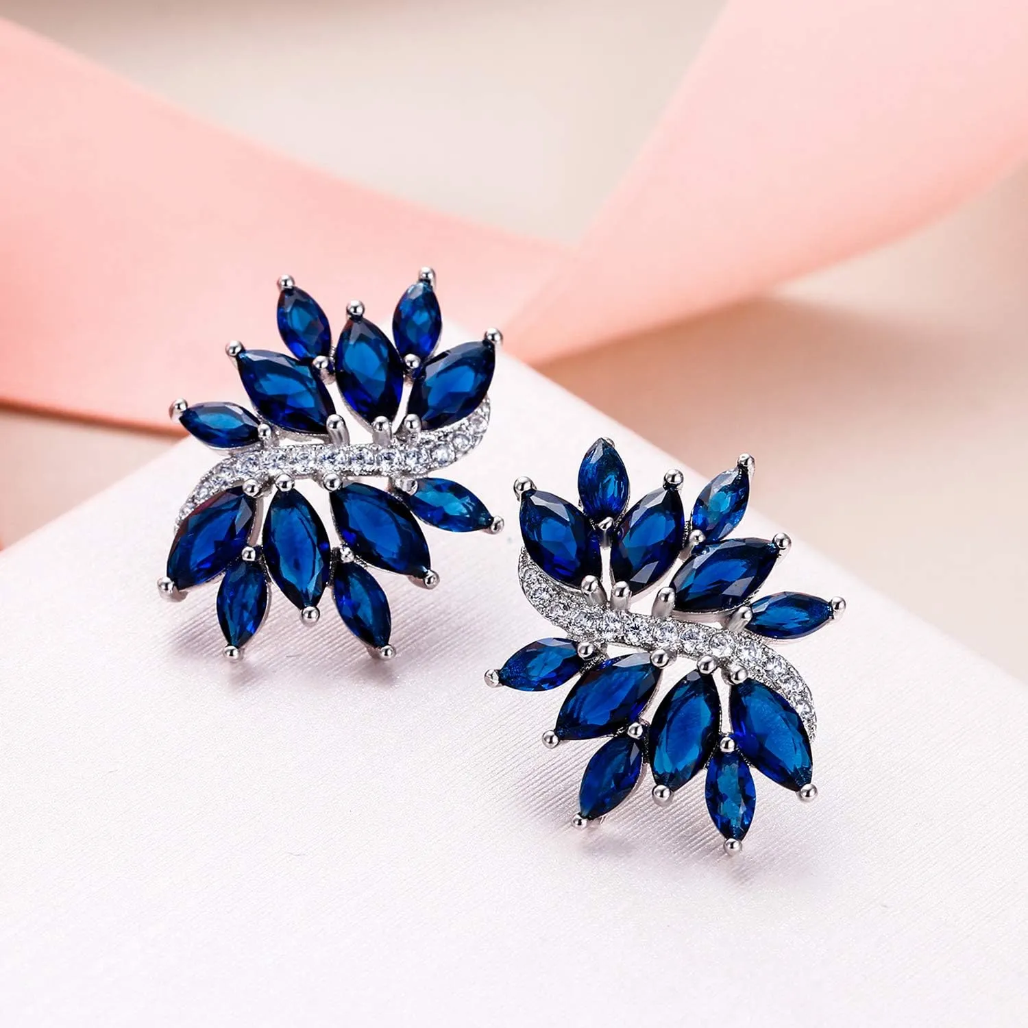 EVER FAITH Women's Cubic Zirconia Elegant Bridal Floral Leaf Pierced Stud Earrings