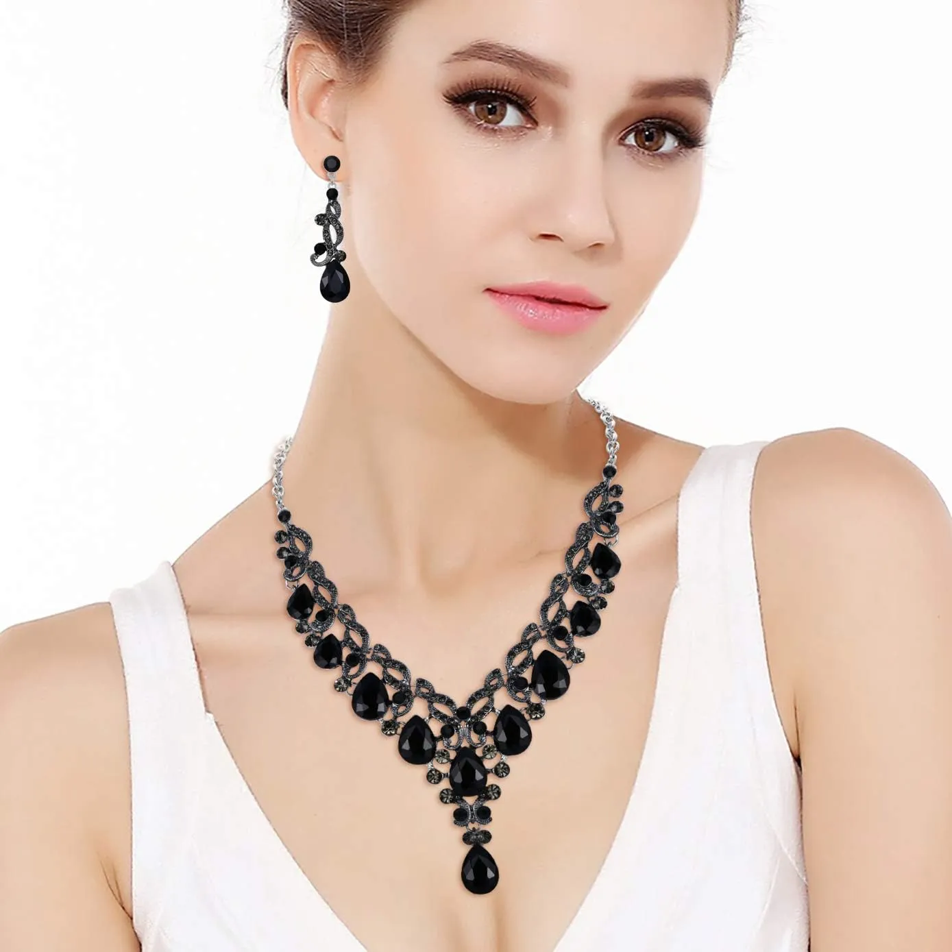 EVER FAITH Women's Rhinestone Crystal Elegant Bridal Wedding Floral Vine Teardrop Necklace Earrings Set