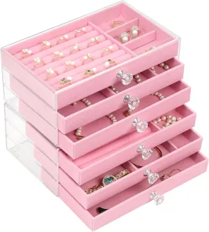 FADACHY Jewelry Organizer - Acrylic Clear Jewelry Box for Girls/Women, Jewelry Holder Organizer with 6 Soft Velvet Drawers for Jewelry Storage, Earrings Necklaces Ring Watchs Display Case
