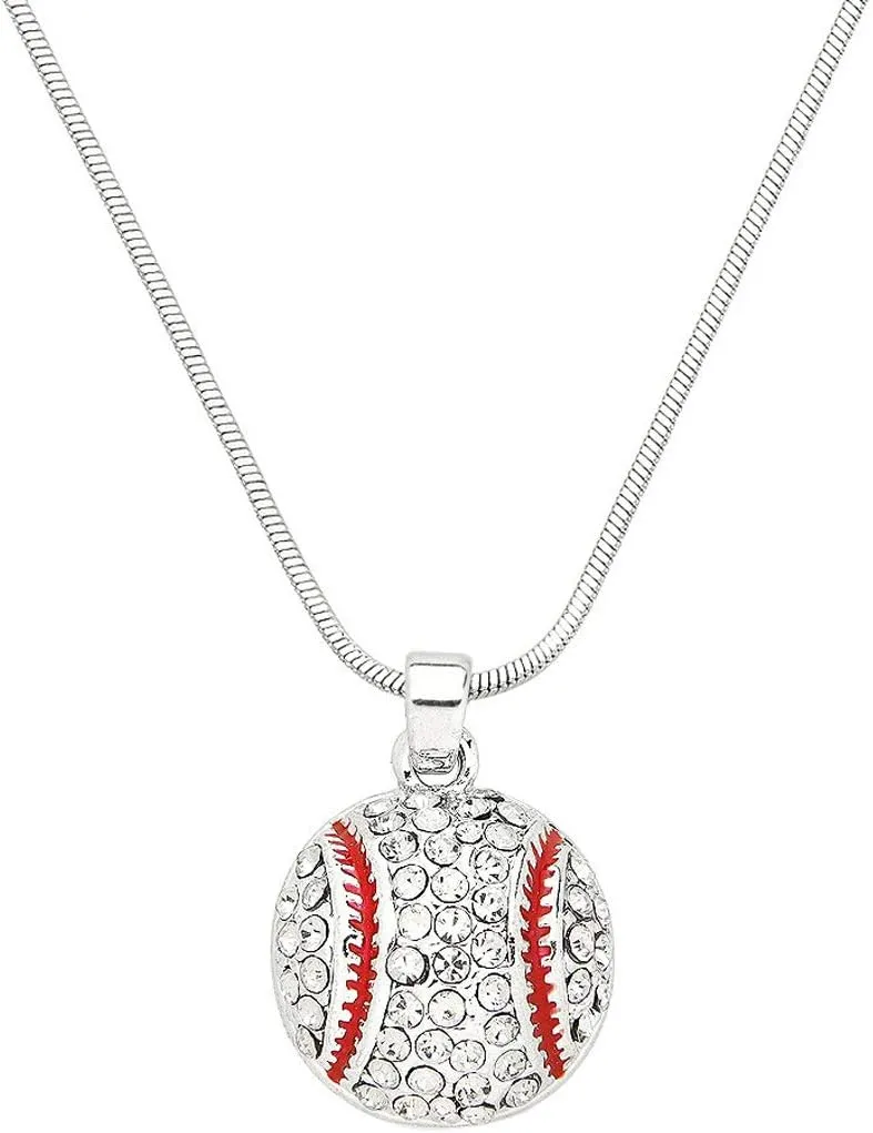 Falari Baseball and Sport Pendant Necklace Rhinestone Crystal Rhodium High Polished