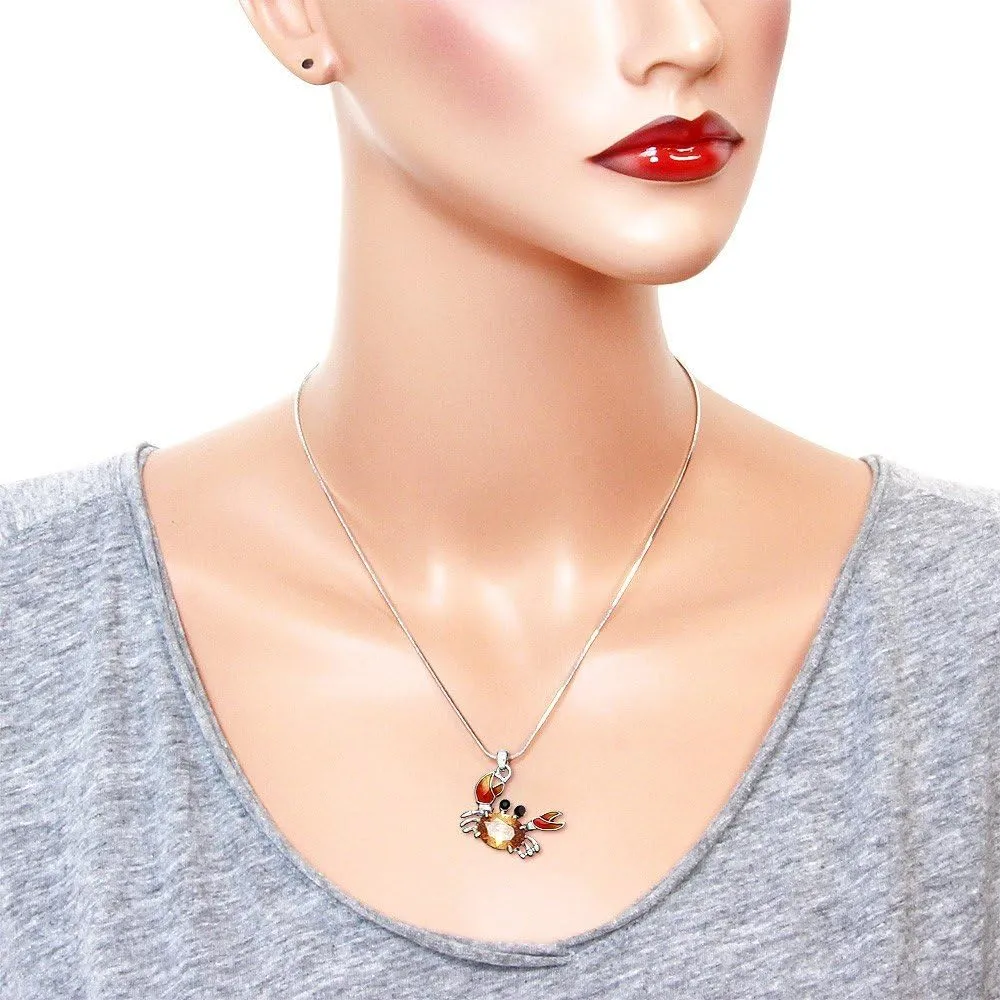Falari Crab Pendant Necklace Rhinestone Crystal Rhodium High Polished