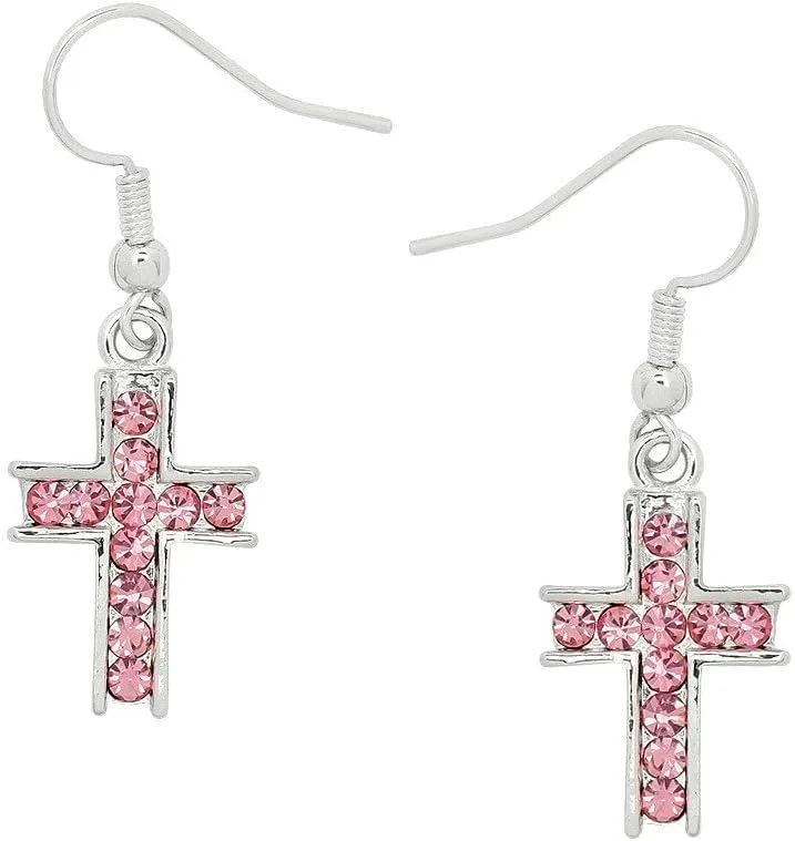 Falari Cross Earring or Pendant Necklace Rhinestone Crystal Rhodium High Polished