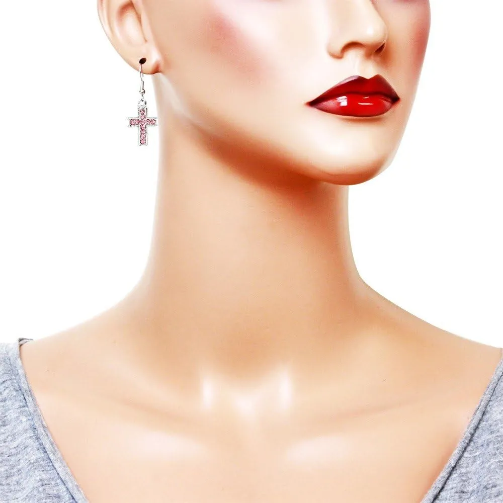 Falari Cross Earring or Pendant Necklace Rhinestone Crystal Rhodium High Polished