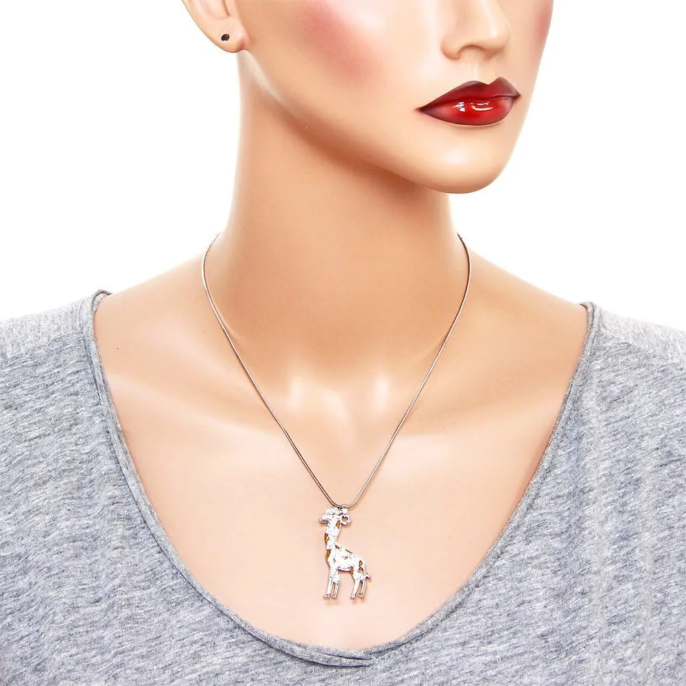Falari Giraffe Pendant Necklace Rhinestone Crystal Rhodium High Polished