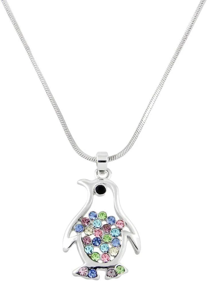 Falari Penguin Pendant Necklace Rhinestone Crystal Rhodium High Polished