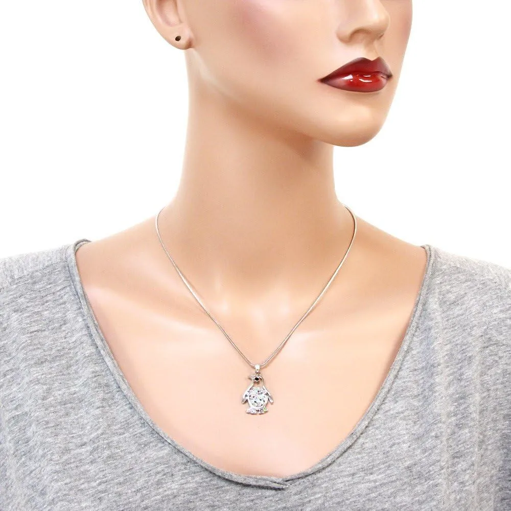 Falari Penguin Pendant Necklace Rhinestone Crystal Rhodium High Polished