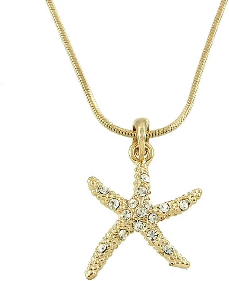Falari Starfish Pendant Necklace Rhinestone Crystal Rhodium High Polished