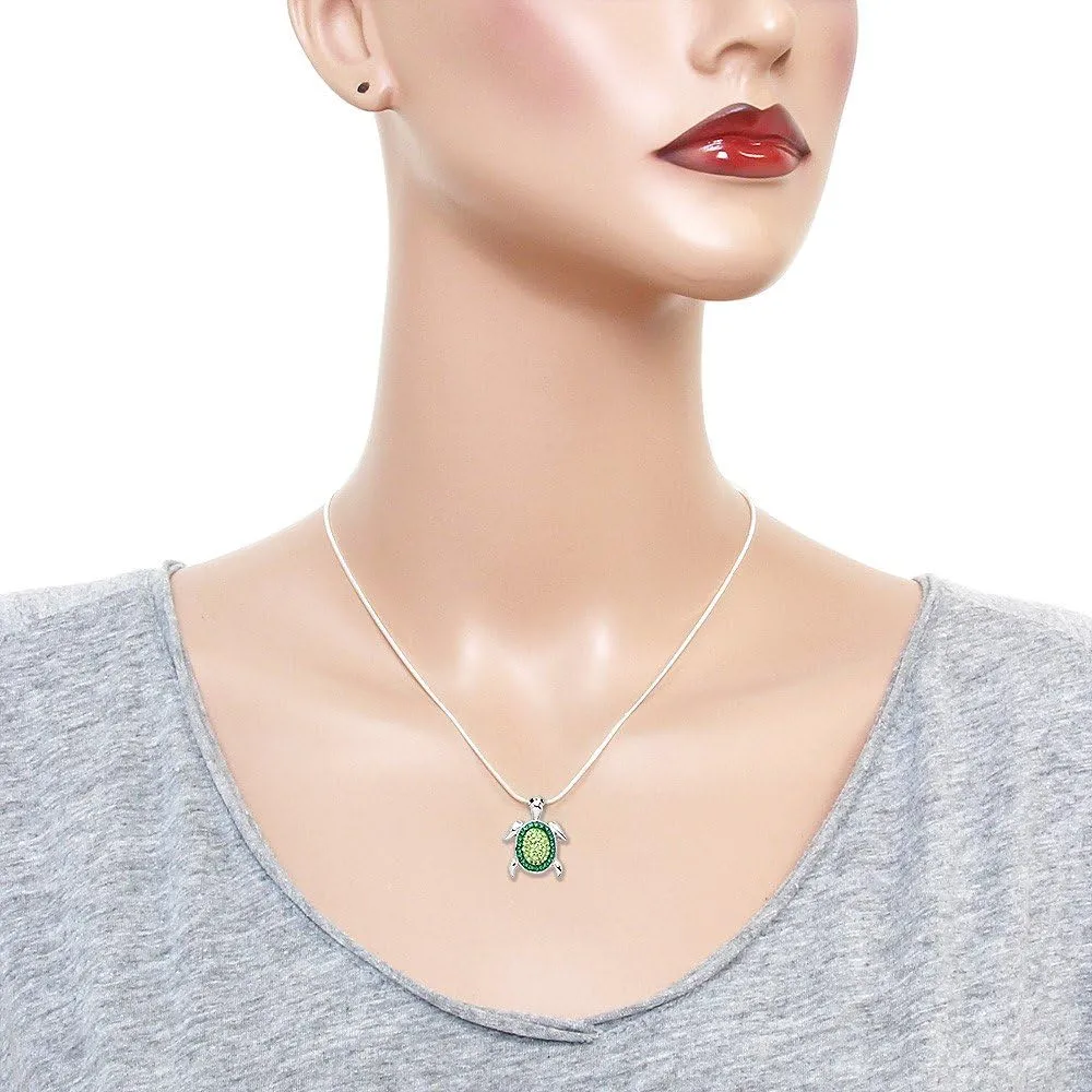 Falari Turtle Pendant Necklace Rhinestone Crystal Rhodium High Polished