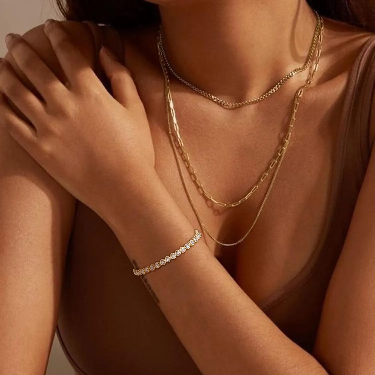 FANZE Classic Tennis Bracelets for Women 3-5MM Cubic Zircon 14K Gold Sliver Plated Bracelet Adjustable Slider Unique Jewelry Gift Size 6.5-7.5 Inch