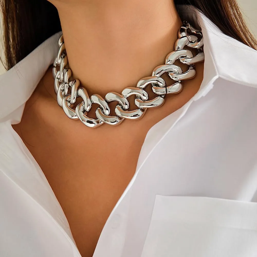 Fashion Gold Silver Punk Cuban Link Chain Choker Bohemian Chunky Chain Necklace Punk Gothic Hip Hop Metal Necklaces Plastic Chunky Curb Chain Necklace for Women Girs