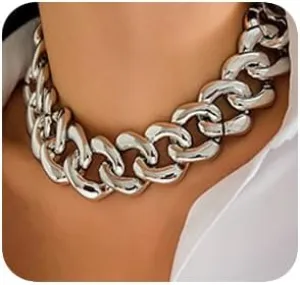 Fashion Gold Silver Punk Cuban Link Chain Choker Bohemian Chunky Chain Necklace Punk Gothic Hip Hop Metal Necklaces Plastic Chunky Curb Chain Necklace for Women Girs