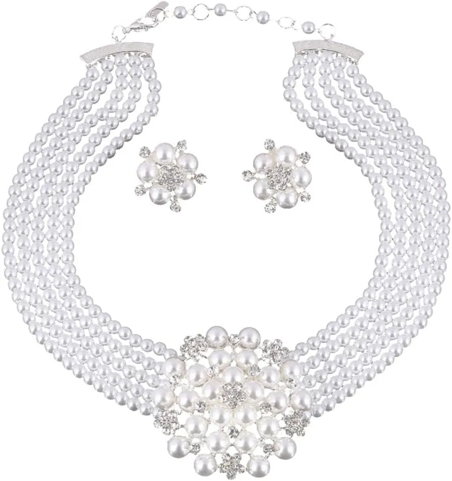 Fashionable and exaggerated multilayer Imitation pearl choker   earring jewelry set Bridal necklace Dress Accessories for Women's gifts