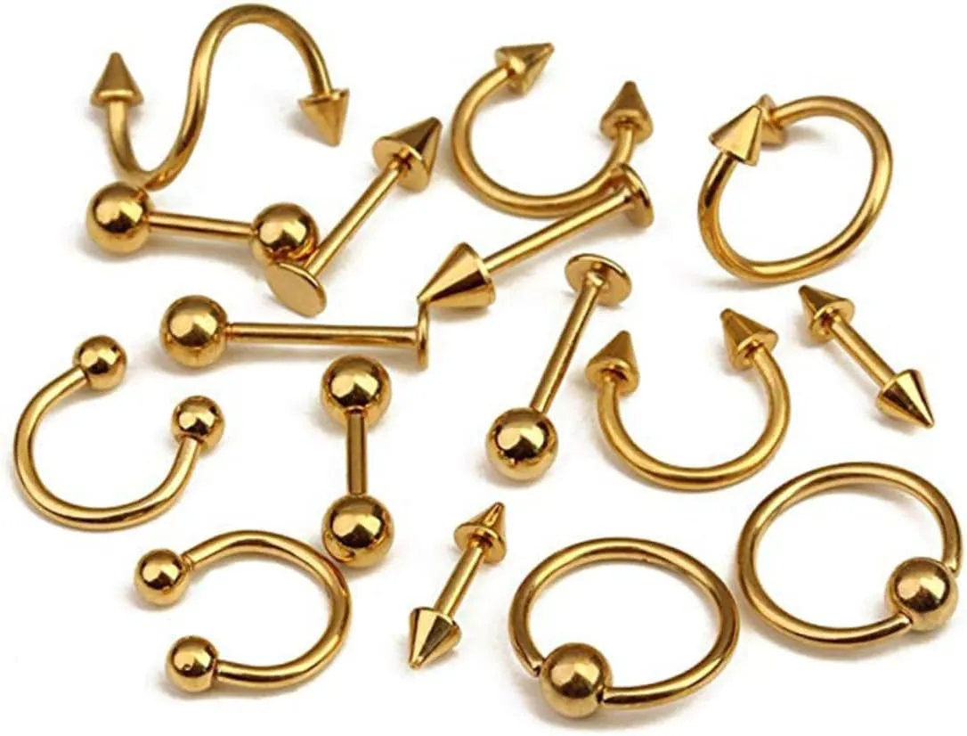 Fashionable Body Jewelry Set 16pcs Tongue Ring Gold Eyebrow Jewelry and Navel Piercing for Women