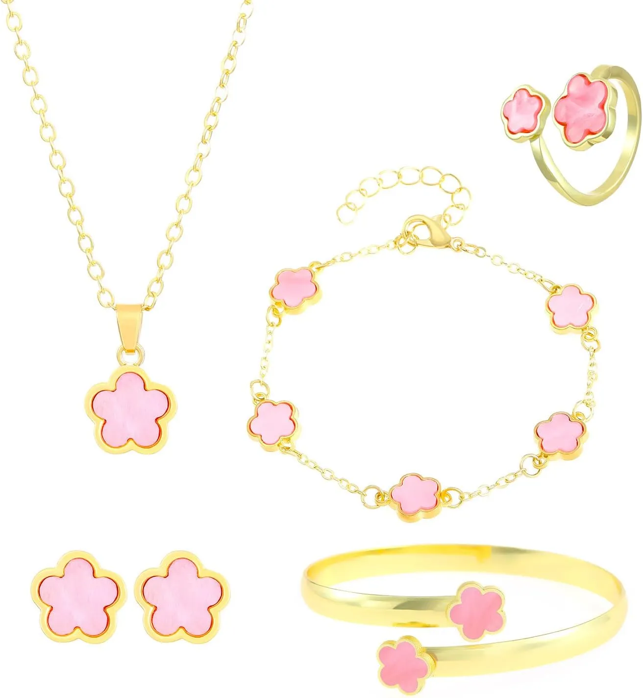 Fashionable Five Leaf Clover Jewelry 18K Gold Plated Bracelet Necklace Ring Studs Earrings Set for Women for Women-Pink