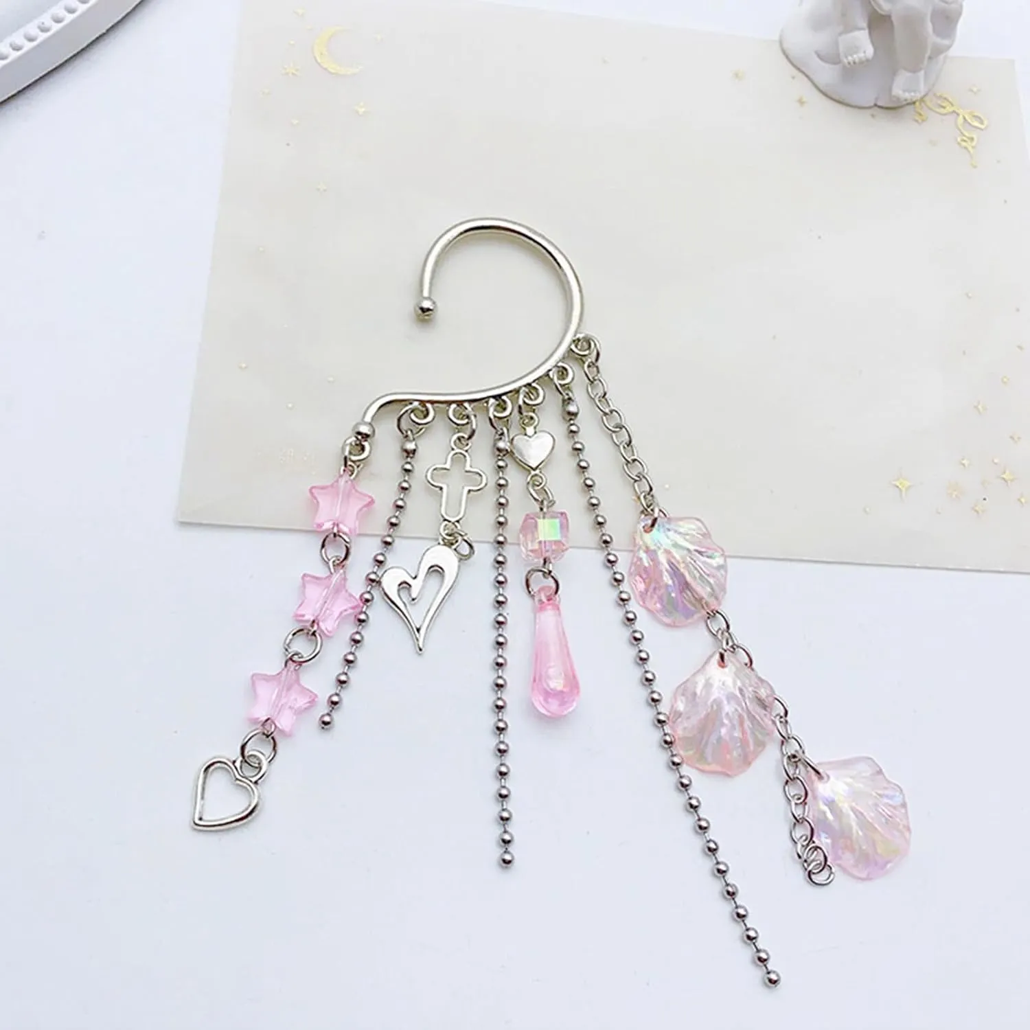 Fashionable Metal Ear Cuff with Chain Unique Ocean l Pendant Ear Dangle Stylish Beaded Fringes Ear Cuff Accessory
