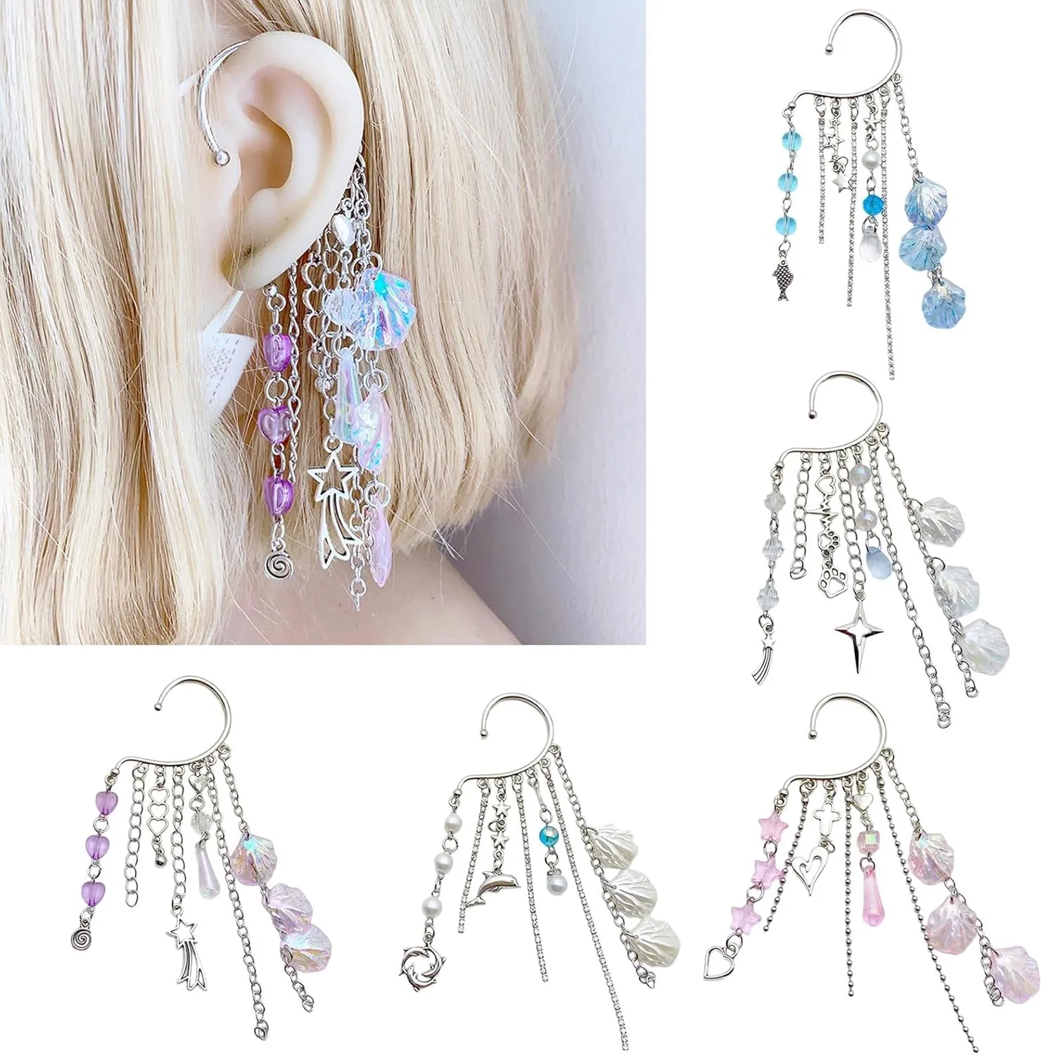 Fashionable Metal Ear Cuff with Chain Unique Ocean l Pendant Ear Dangle Stylish Beaded Fringes Ear Cuff Accessory
