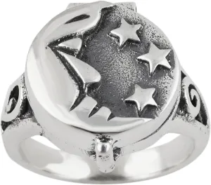 FashionJunkie4Life Sterling Silver Crescent Moon and Stars Poison Ring, Sizes 6-10, Pillbox Rings