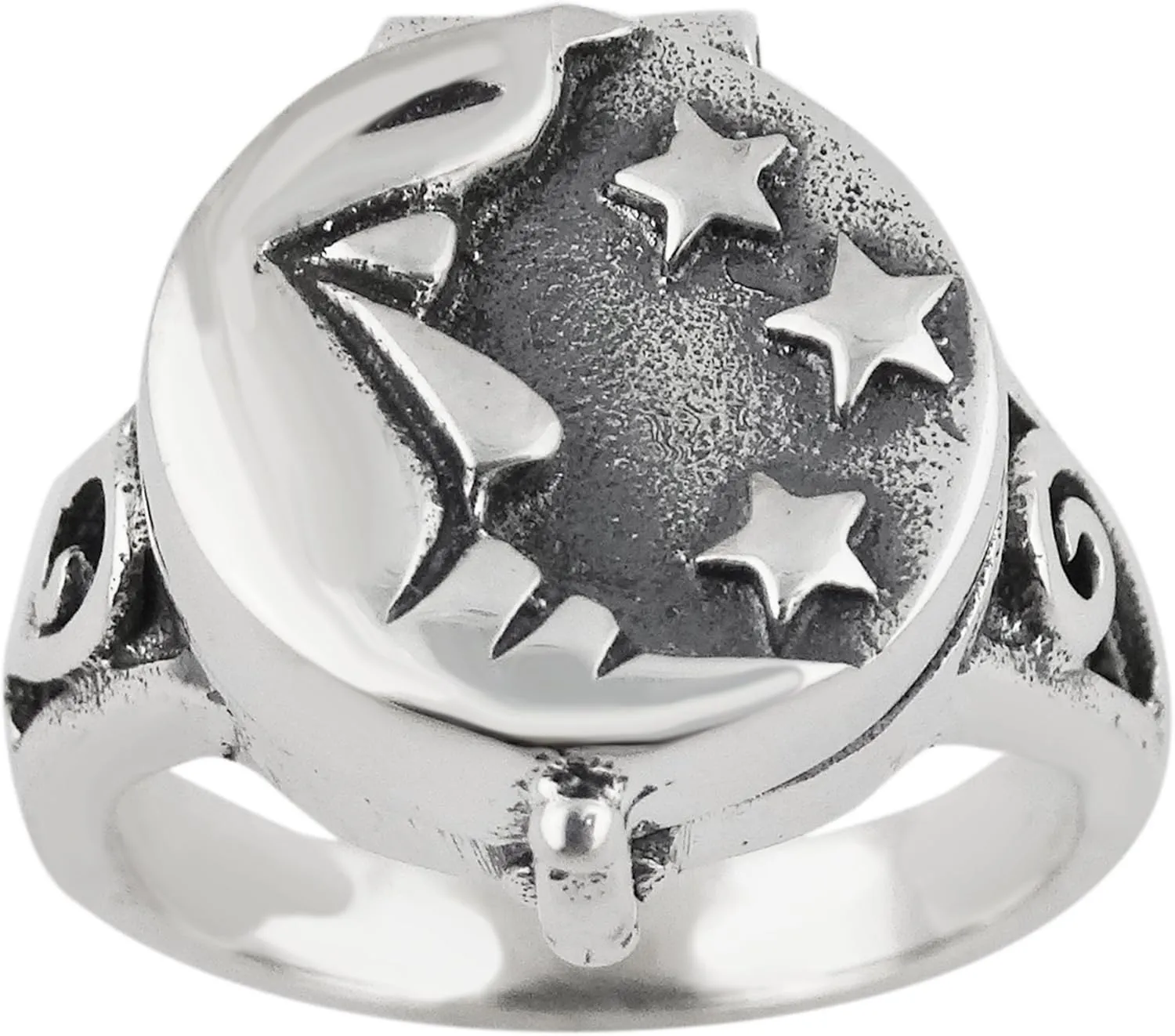 FashionJunkie4Life Sterling Silver Crescent Moon and Stars Poison Ring, Sizes 6-10, Pillbox Rings
