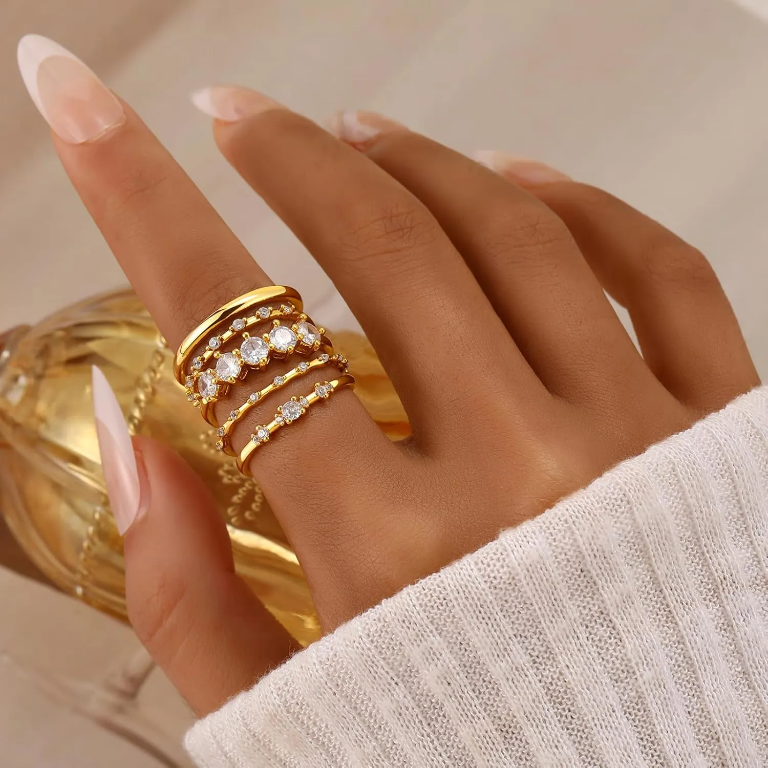 FAXHION Gold Rings for Women Non Tarnish, Dainty 14K Gold Plated Stacking Cubic Zirconia Thumb Rings, Statement Gold Knuckle Rings Set Size 5-10