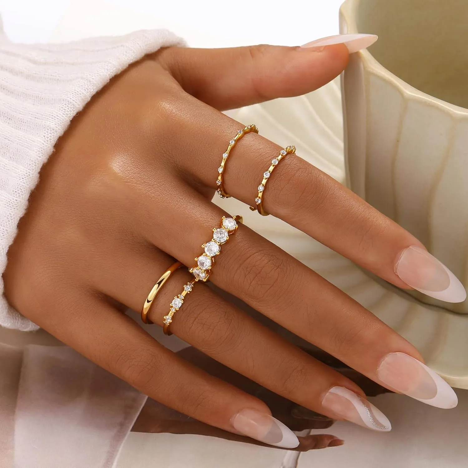 FAXHION Gold Rings for Women Non Tarnish, Dainty 14K Gold Plated Stacking Cubic Zirconia Thumb Rings, Statement Gold Knuckle Rings Set Size 5-10