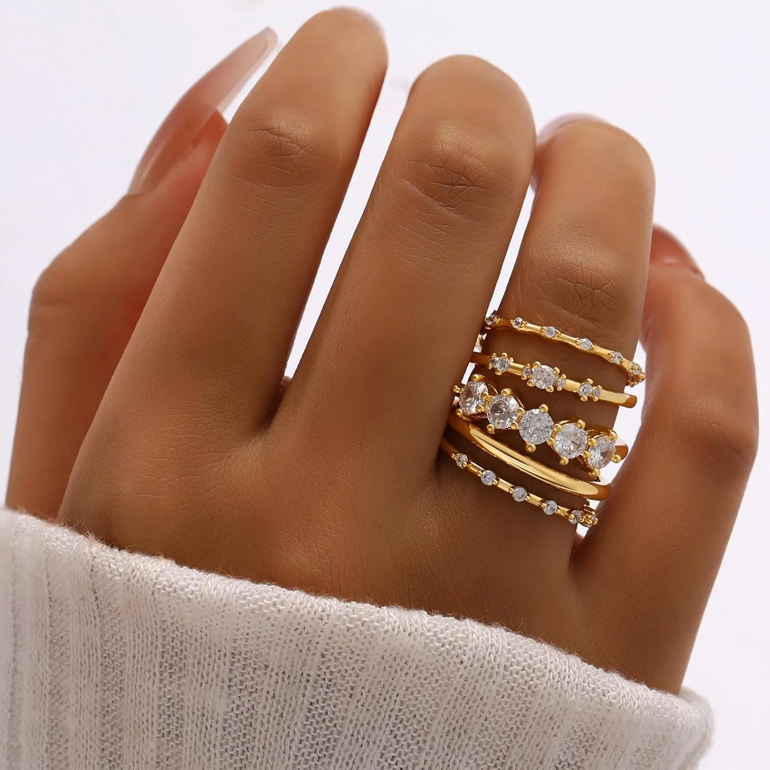 FAXHION Gold Rings for Women Non Tarnish, Dainty 14K Gold Plated Stacking Cubic Zirconia Thumb Rings, Statement Gold Knuckle Rings Set Size 5-10