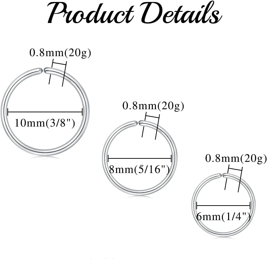FECTAS Nose Rings Hoops Surgical Steel 20g Gauge 6mm 8mm 10mm 12mm Earrings Piercing Hoops Jewelry for Men Women