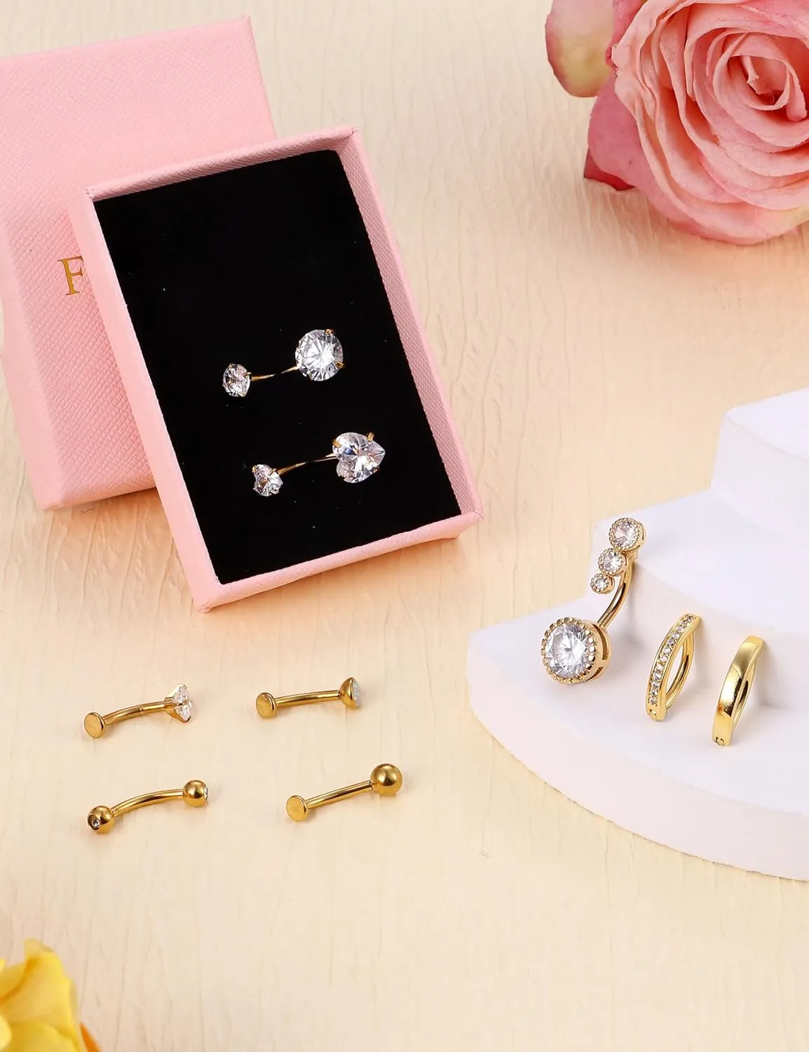 FIASASO 9 Pcs Floating Belly Button Ring Gold - Surgical Stainless Steel CZ Opal Heart Clicker Belly Piercings for Women Navel Pack Silver/Gold