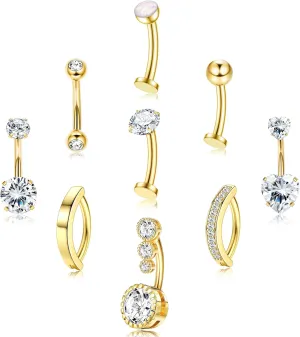 FIASASO 9 Pcs Floating Belly Button Ring Gold - Surgical Stainless Steel CZ Opal Heart Clicker Belly Piercings for Women Navel Pack Silver/Gold