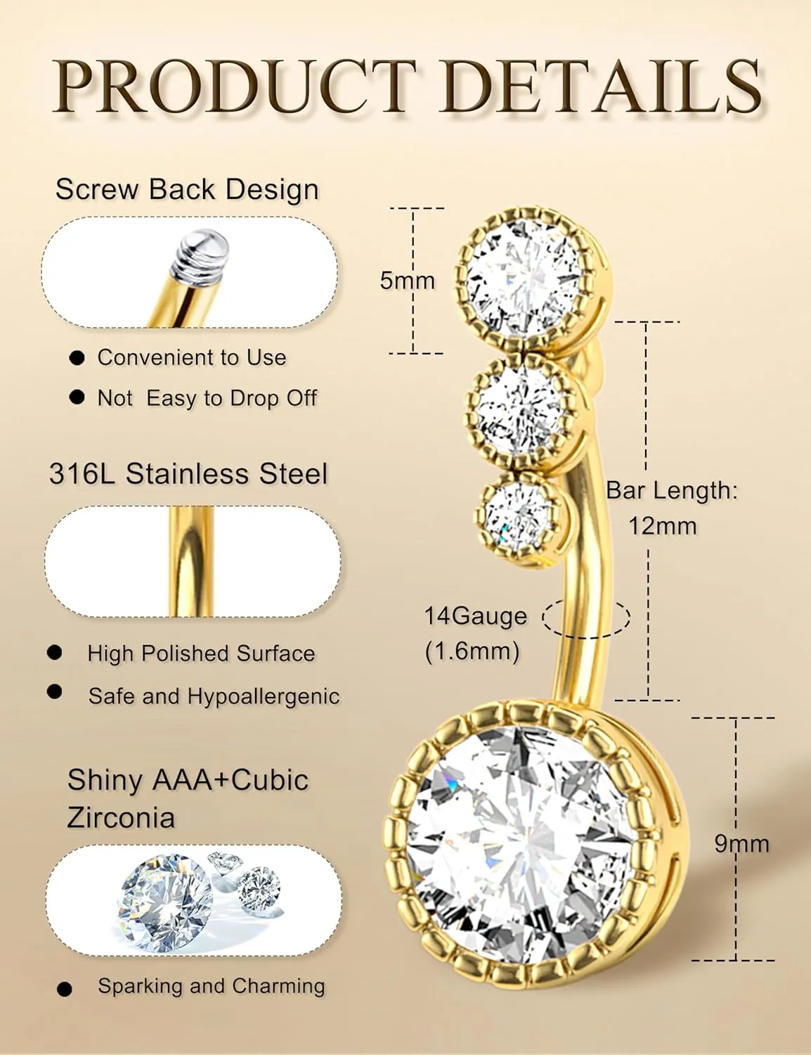 FIASASO 9 Pcs Floating Belly Button Ring Gold - Surgical Stainless Steel CZ Opal Heart Clicker Belly Piercings for Women Navel Pack Silver/Gold