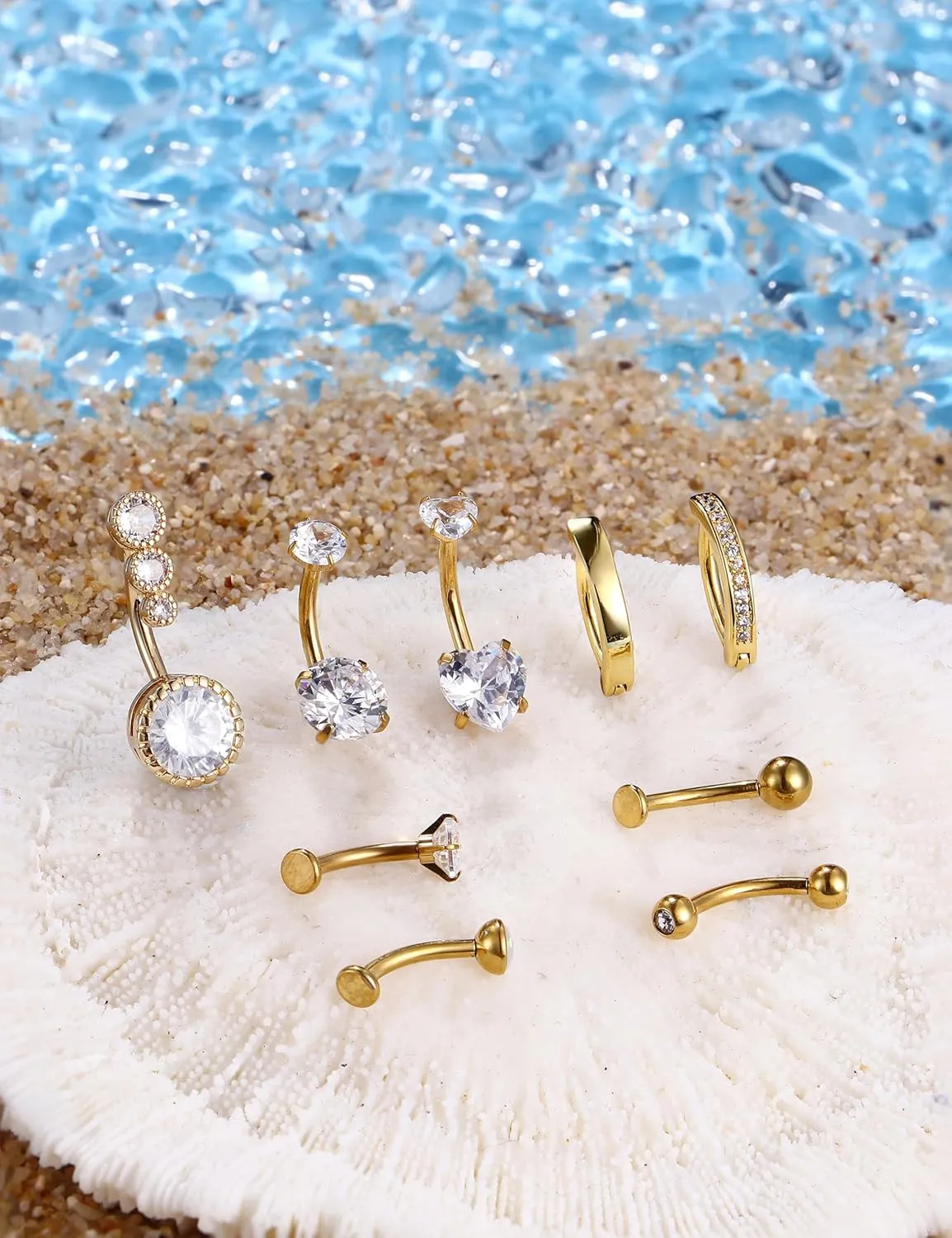FIASASO 9 Pcs Floating Belly Button Ring Gold - Surgical Stainless Steel CZ Opal Heart Clicker Belly Piercings for Women Navel Pack Silver/Gold