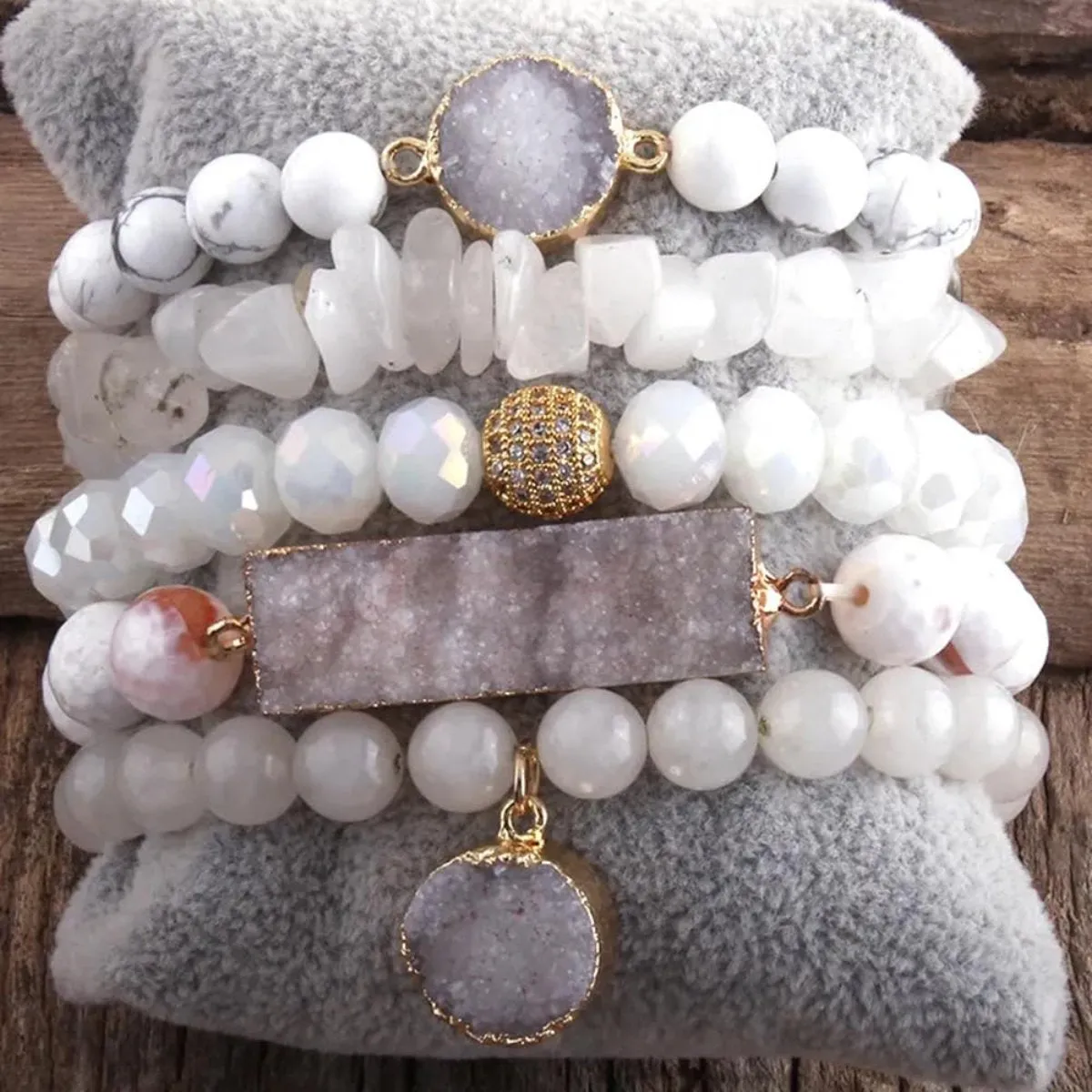 Five Piece White Natural Stone Beaded Bracelet