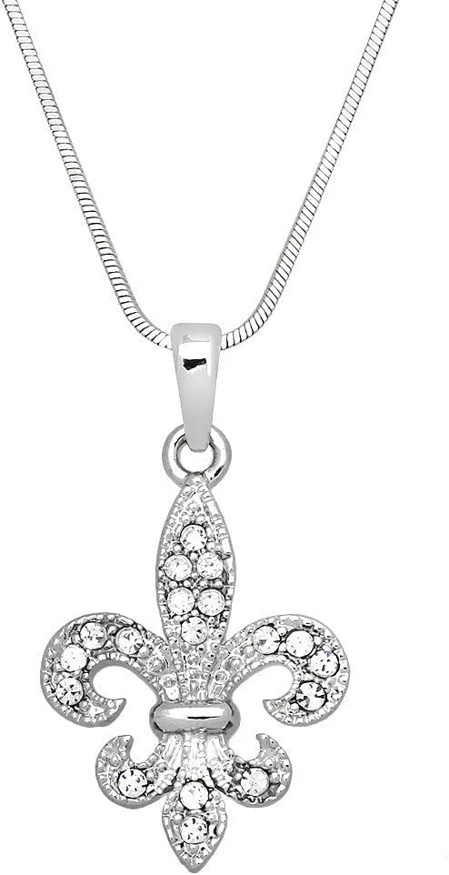 Fleur De Lis Pendant Necklace Rhinestone Crystal High Polished Rhodium J0464