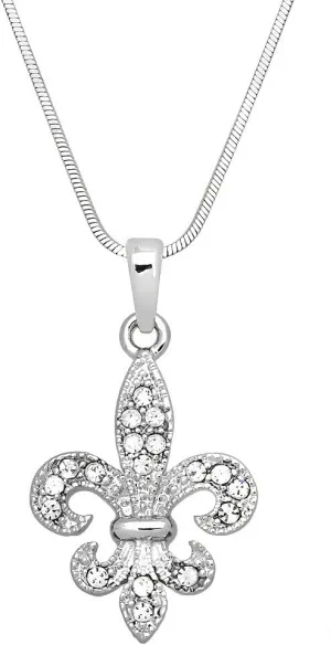 Fleur De Lis Pendant Necklace Rhinestone Crystal High Polished Rhodium J0464