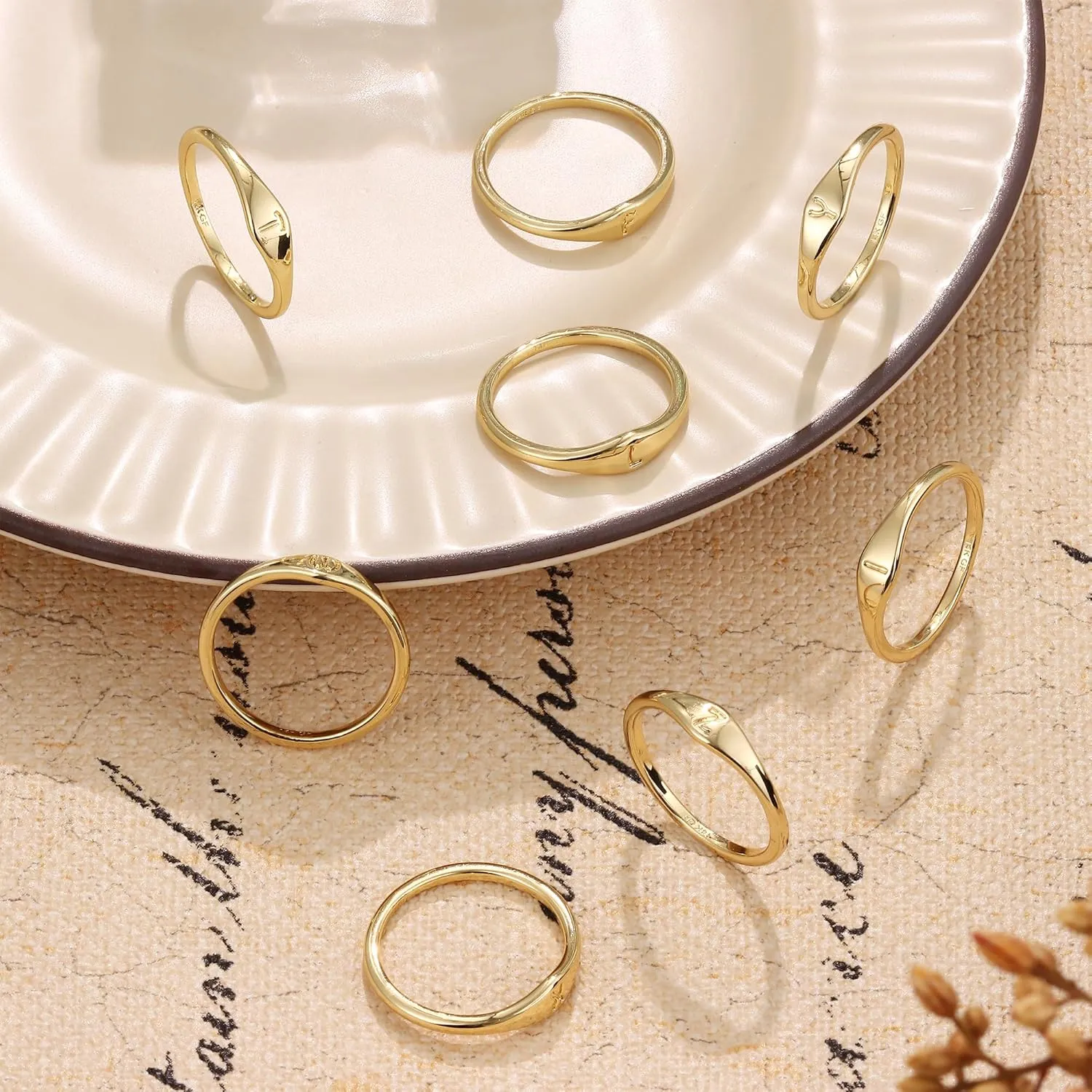 Florideco 14K Gold Filled Ring Gold Initial Ring Dainty Gold Simple Letter Band Rings Signet Stackable Pinky Alphabet Thin Gold Thumb Rings for Women Non Tarnish Size 6 7 8 9 10