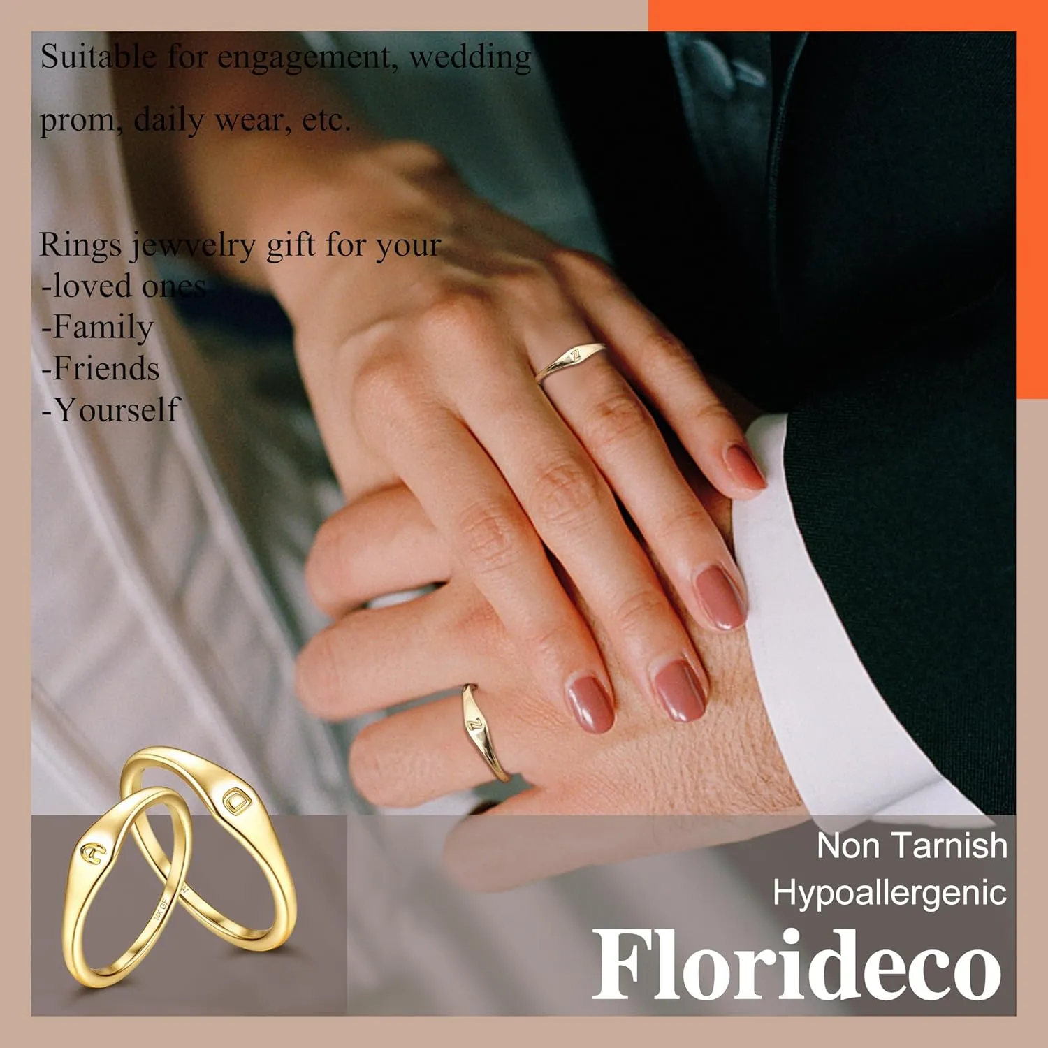 Florideco 14K Gold Filled Ring Gold Initial Ring Dainty Gold Simple Letter Band Rings Signet Stackable Pinky Alphabet Thin Gold Thumb Rings for Women Non Tarnish Size 6 7 8 9 10