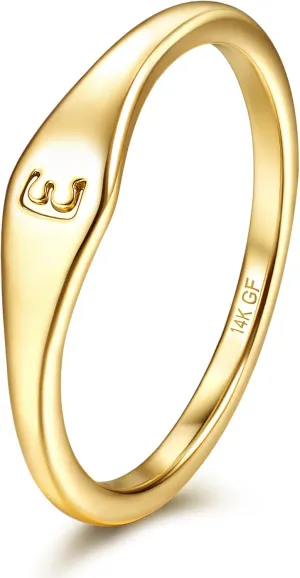Florideco 14K Gold Filled Ring Gold Initial Ring Dainty Gold Simple Letter Band Rings Signet Stackable Pinky Alphabet Thin Gold Thumb Rings for Women Non Tarnish Size 6 7 8 9 10