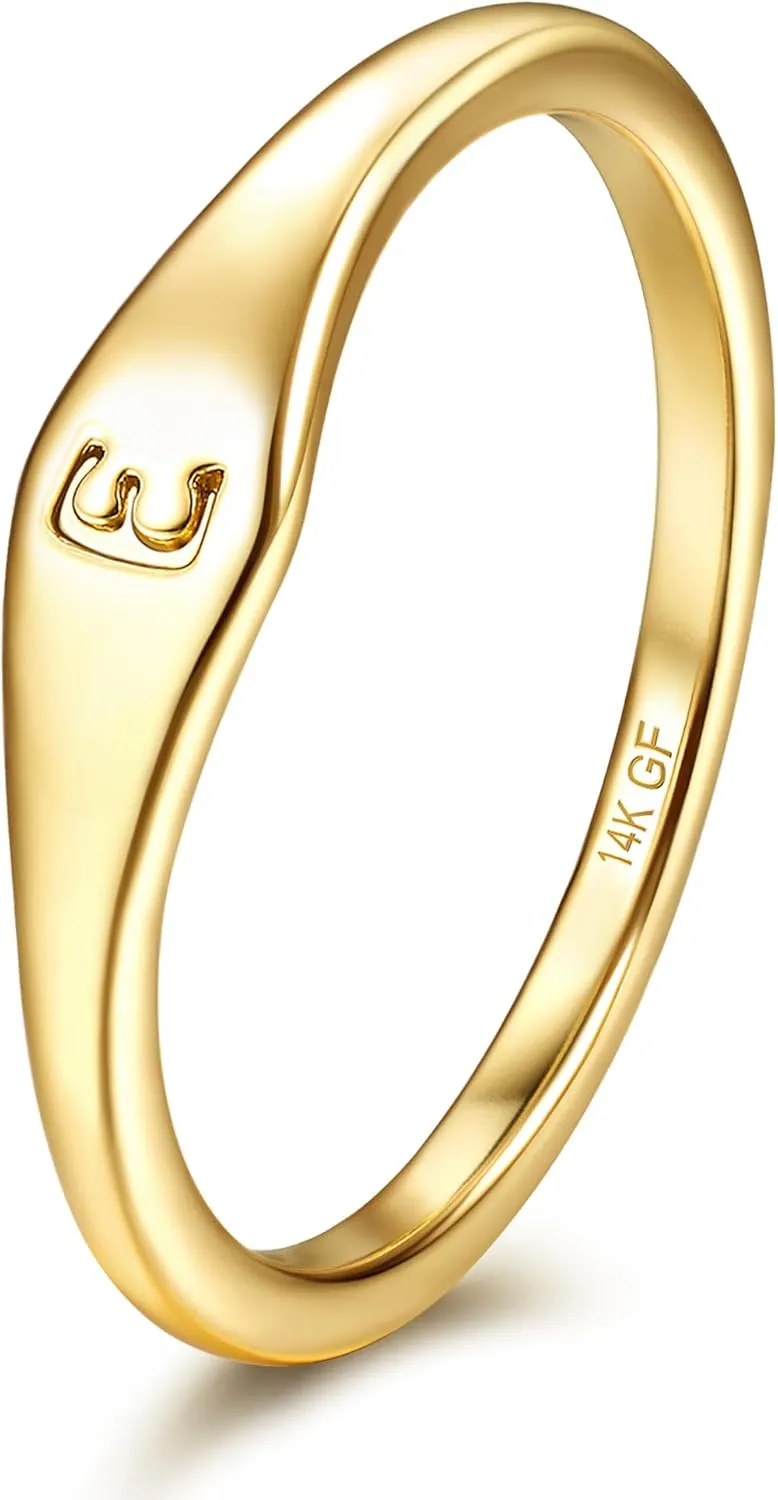 Florideco 14K Gold Filled Ring Gold Initial Ring Dainty Gold Simple Letter Band Rings Signet Stackable Pinky Alphabet Thin Gold Thumb Rings for Women Non Tarnish Size 6 7 8 9 10