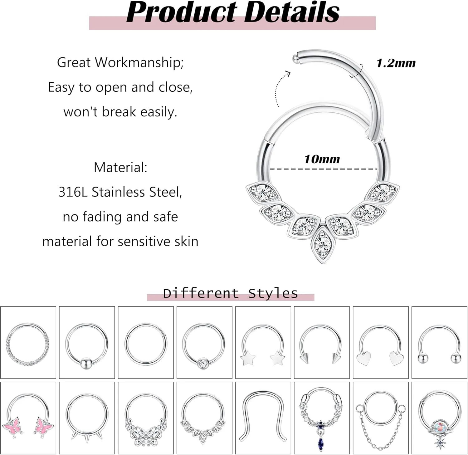 Florideco Gold Septum Rings 16g Surgical Steel Cute Nose Rings Butterfly Small Daith Piercing Jewelry Septum Clicker 10mm
