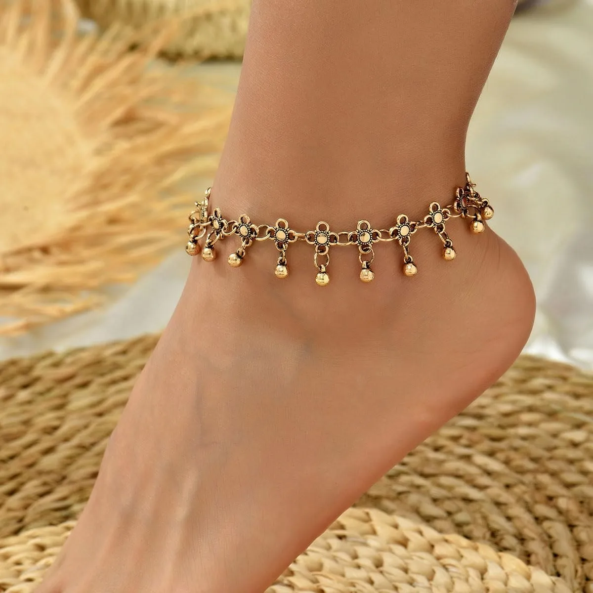 Flower Anklet for Women Ankle Bracelet Gold Silver Indian Beach Chunky Adjustable Summer Dainty Cute Jewelry Gift