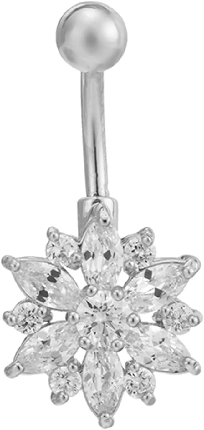 Flower Belly Button Rings, Belly Button Rings Stainless Steel Navel Rings Belly Button Nails Flower Cubic Zirconia