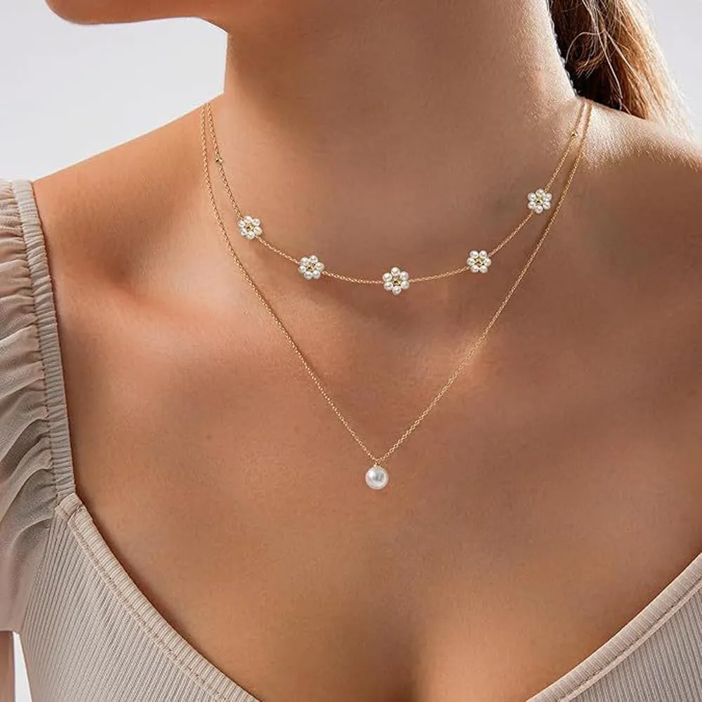 Flower Necklaces For Women, Gold Pearl Necklaces Set Dainty Layered Pearl Cute Daisy Pearl Choker Gold Necklace For Women Trendy Jewelry Gifts