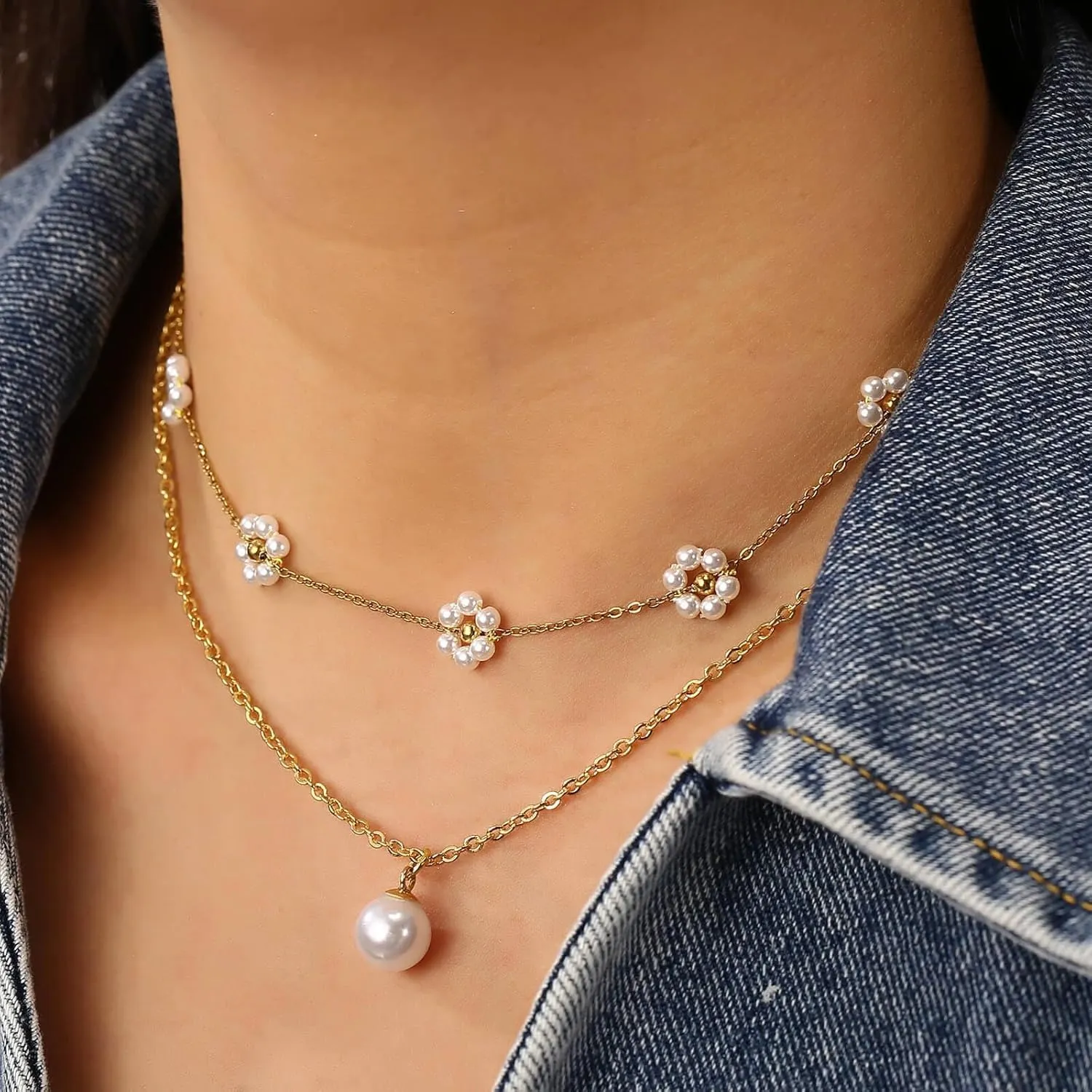 Flower Necklaces For Women, Gold Pearl Necklaces Set Dainty Layered Pearl Cute Daisy Pearl Choker Gold Necklace For Women Trendy Jewelry Gifts
